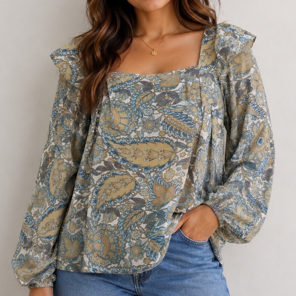 LOFT Paisley Floral Blouse Large Boho Balloon Sleeve Square Neck Cottagecore